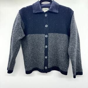 VTG L.L. Bean Wool Chunky Knit Cardigan Sz S Blue Gray Colorblock Marled Outdoor